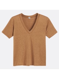 κοντομάνικη λινή μπλούζα με v