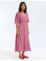 μακρύ φαρδύ φόρεμα με φλοράλ μοτίβο και κοντά μανίκια