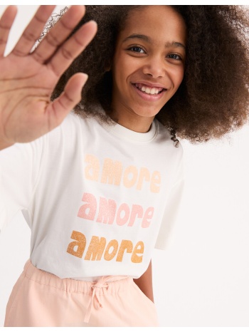 κοντομάνικο t-shirt με γυαλιστερό μήνυμα και στρογγυλή