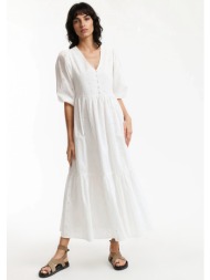 μακρύ φόρεμα με αγγλική δαντέλα και v λαιμόκοψη