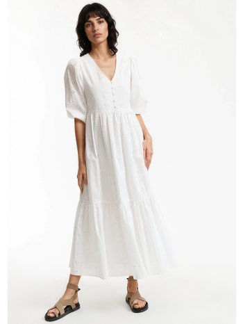 μακρύ φόρεμα με αγγλική δαντέλα και v λαιμόκοψη