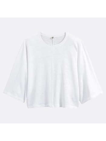 λινό t-shirt με στρογγυλή λαιμόκοψη και φαρδιά μανίκια