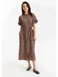 μακρύ φλοράλ φόρεμα με animal print και κοντά μανίκια