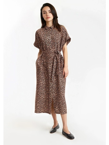 μακρύ φλοράλ φόρεμα με animal print και κοντά μανίκια