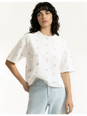 κοντομάνικο t-shirt με στρογγυλή λαιμόκοψη και κεντητά