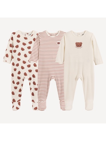 σετ 3 ολόσωμες πιτζάμες από βαμβάκι με αρκουδάκια και ρίγες