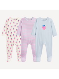 σετ 3 ολόσωμες πιτζάμες από ζέρσεϊ με φρουτένια μοτίβα και ρίγες