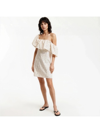 κοντό στράπλες φόρεμα με πουά και βολάν