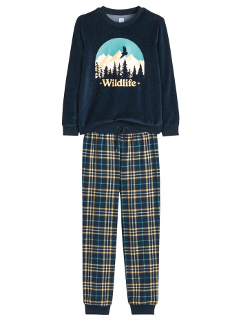 πιτζάμα από βελούδο και φανέλα με καρό μοτίβο και βουνά σε προσφορά