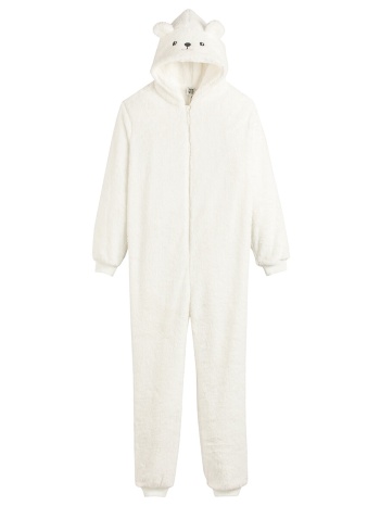ολόσωμη πιτζάμα από συνθετική γούνα με κουκούλα και μοτίβο