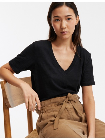 κοντομάνικη λινή μπλούζα με v