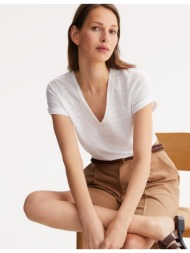 κοντομάνικη λινή μπλούζα με v