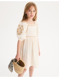 κοντομάνικο φόρεμα από βαμβακερή γάζα με κέντημα