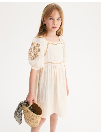 κοντομάνικο φόρεμα από βαμβακερή γάζα με κέντημα