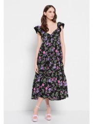 φλοράλ midi φόρεμα με βολάν στους ώμους