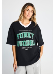 γυναικεία κοντομάνικη μπλούζα ringer με v και athletic print
