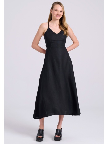 linen blend midi φόρεμα με ανοιχτή πλάτη