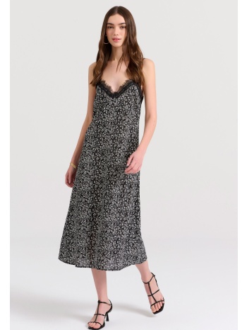 εμπριμέ μίντι φόρεμα με λεπτομέρειες δανδέλας