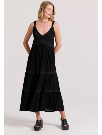 loose fit μάξι boho φόρεμα με δανδέλα και βολάν