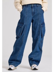 cargo denim παντελόνι με ελαστική μέση