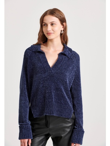 v-neck σενίλ πουλόβερ με δίπλωμα στα μανίκια