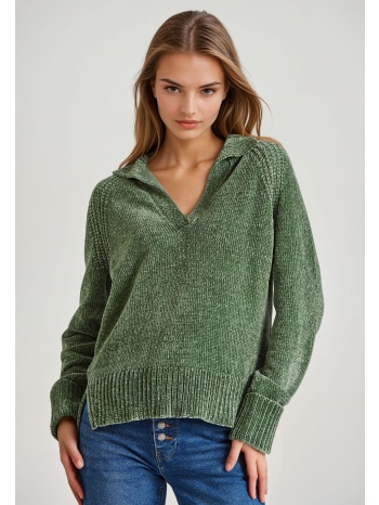 v-neck σενίλ πουλόβερ με δίπλωμα στα μανίκια
