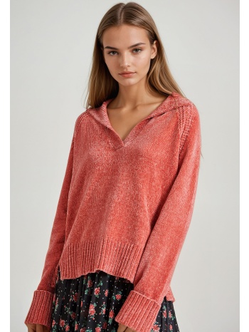 v-neck σενίλ πουλόβερ με δίπλωμα στα μανίκια