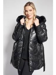 καπιτονέ μπουφάν από δερματίνη με γούνα και ζώνη