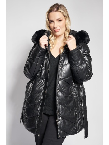 καπιτονέ μπουφάν από δερματίνη με γούνα και ζώνη σε προσφορά