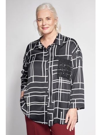 σατινέ πουκαμίσα με γεωμετρικό εμπριμέ και δαντελένια τσέπη σε προσφορά