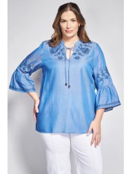 μπλούζα tencel όψη τζιν με κεντητή μπορντούρα