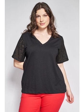 μπλούζα βαμβακερή με κεντητά μανίκια