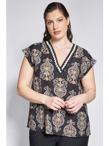 prbt αμάνικη μπλούζα με έθνικ εμπριμέ και όψη λινού