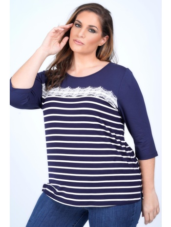 ριγέ μπλούζα με δαντέλα και μανίκι 3/4