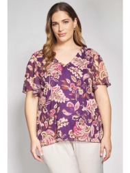 φλοράλ μπλούζα με v λαιμόκοψη και μανίκια βολάν