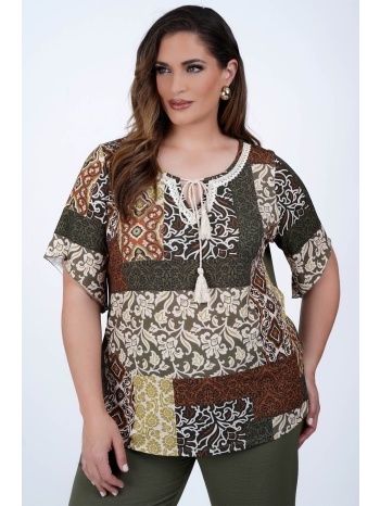 boho-chic μπλούζα εμπριμέ patchwork με δέσιμο