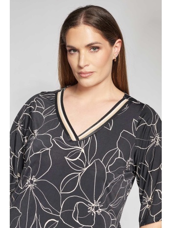 μπλούζα με floral print με ριγέ φάσα στο v