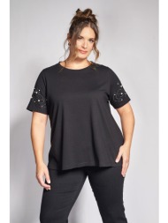 t-shirt βαμβακερό με πέρλες και διακοσμητικό κορδόνι στα μανίκια