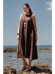 μάξι αμάνικο φόρεμα washed με στρογγυλή λαιμόκοψη - καφέ