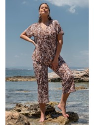 παντελόνα ελαστική σε botanical print - εκρού