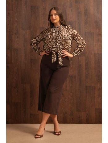 cropped κρεπ παντελόνα wide leg - καφέ