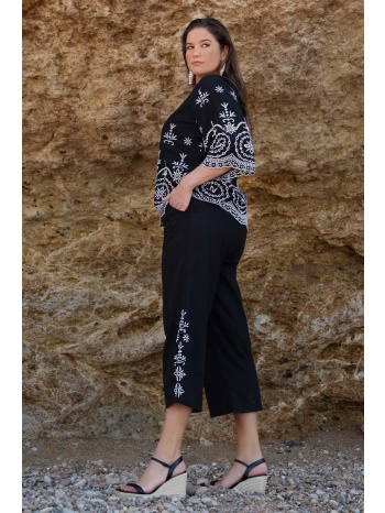 παντελόνι βαμβακερό με boho κέντημα - μαύρο σε προσφορά