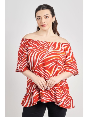 μπλούζα βισκόζη off-shoulder με βολάν εμπριμέ τρόπικαλ  σε προσφορά