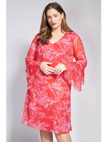 φόρεμα φλοράλ εμπριμέ διπλό chiffon με βολάν - κόκκινο σε προσφορά