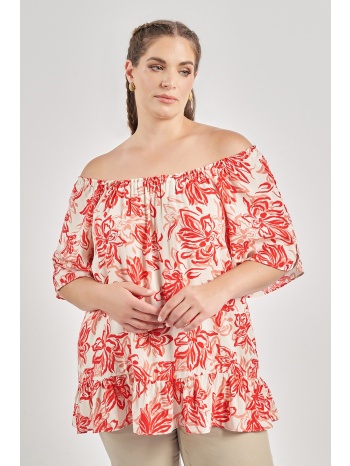 μπλούζα βισκόζη off-shoulder με βολάν εμπριμέ τρόπικαλ σε προσφορά