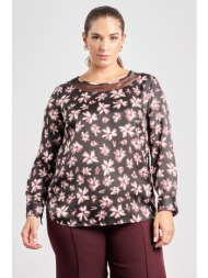 μπλούζα σατινέ εμπριμέ φλοράλ με διαφάνεια