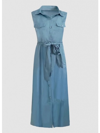 jean midi φόρεμα αμάνικο με ζώνη όλο κουμπιά - μπλε ραφ
