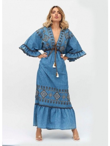 oversize jean φόρεμα με κέντημα - μπλε