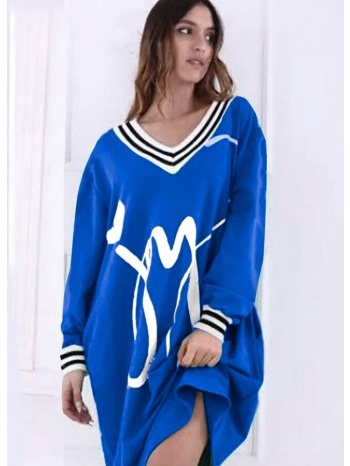 oversize μπλουζοφόρεμα με στάμπα & ριγέ λεπτομέρειες - μπλε