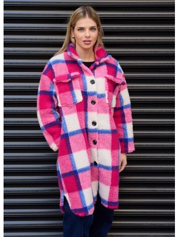 καρό oversize παλτό προβατάκι με κουμπιά - φούξια